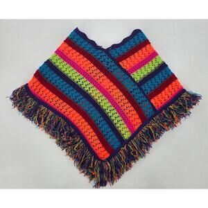 Vintage Y2K Star City Rainbow Crochet Fringe Poncho – Made in USA – Medium